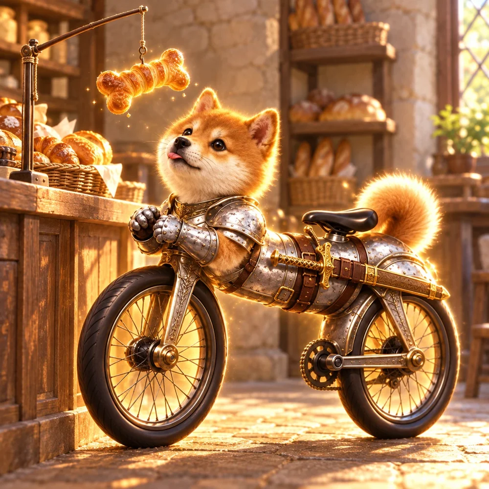 swordbike begging for a bone-shaped croissant at the bakery