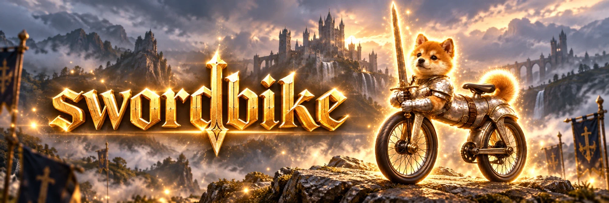 swordbike — a shiba knight who is also a bicycle, holding a glowing sword